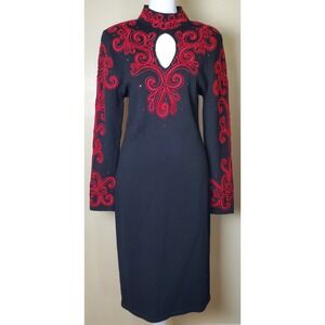 Vintage Lillie Rubin Sweater Dress Embellished Rhinestone Keyhole Neck Black Red